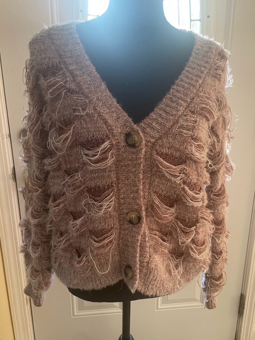 Gilded intent Cozy Fringe Knit Button-Front Cardigan Sweater - Dusty Rose